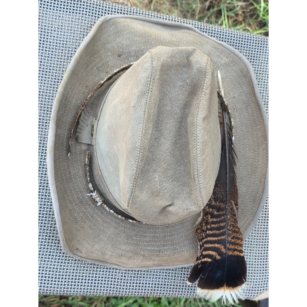ARTEL Tan Suede Leather Outback Hat Snakeskin Band Turkey Feathe Custume old hat
